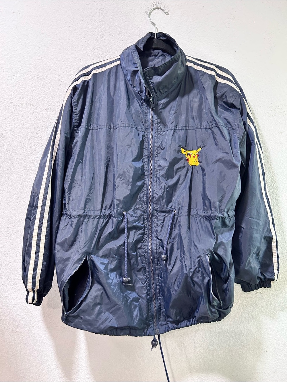 Vintage B& S Navy Windbreaker Jacket with pokemon logo Yellow Embroidered Patch